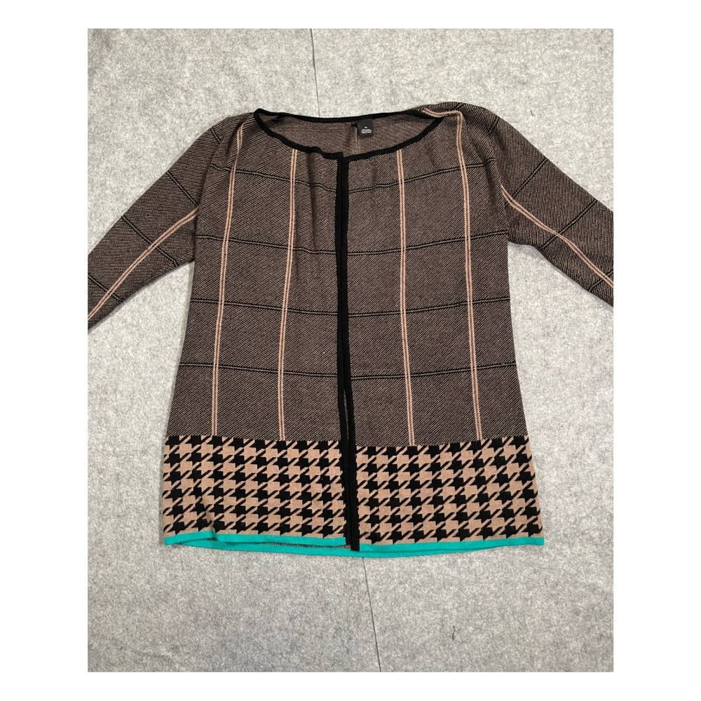 New Directions Womens XL Cardigan Sweater Brown Plaid Houndstooth Teal Trim Knit